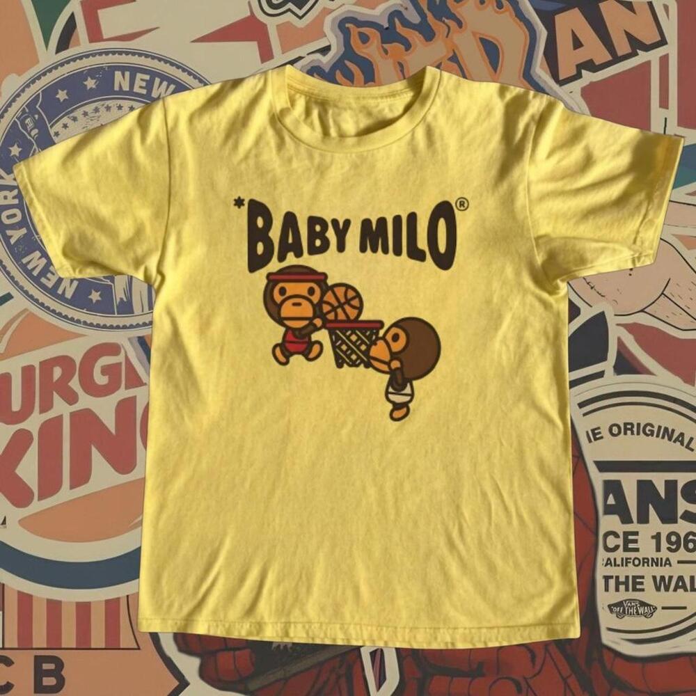 Baby Milo Basketball Yellow T Shirt With Graphic Of Two Cartoon Monkeys